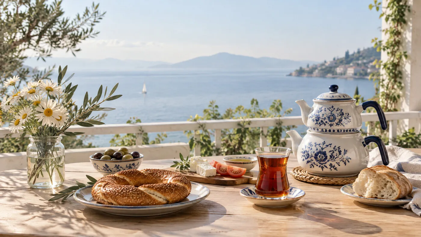 Deniz manzaralı, ferah bir balkonda çaydanlıklı sade bir kahvaltı