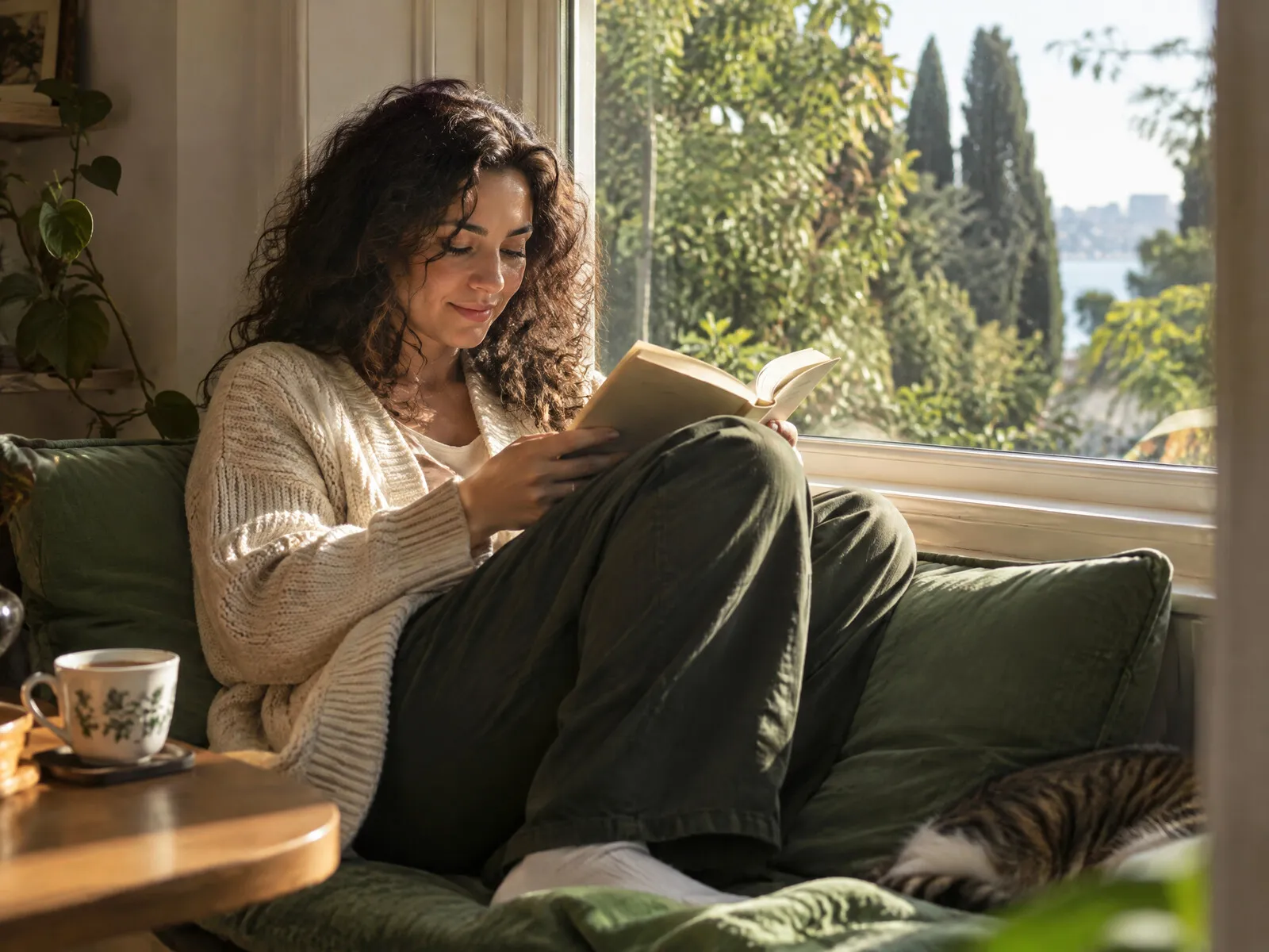 Pencere kenarında kitap okuyan, dinlenen bir kişi